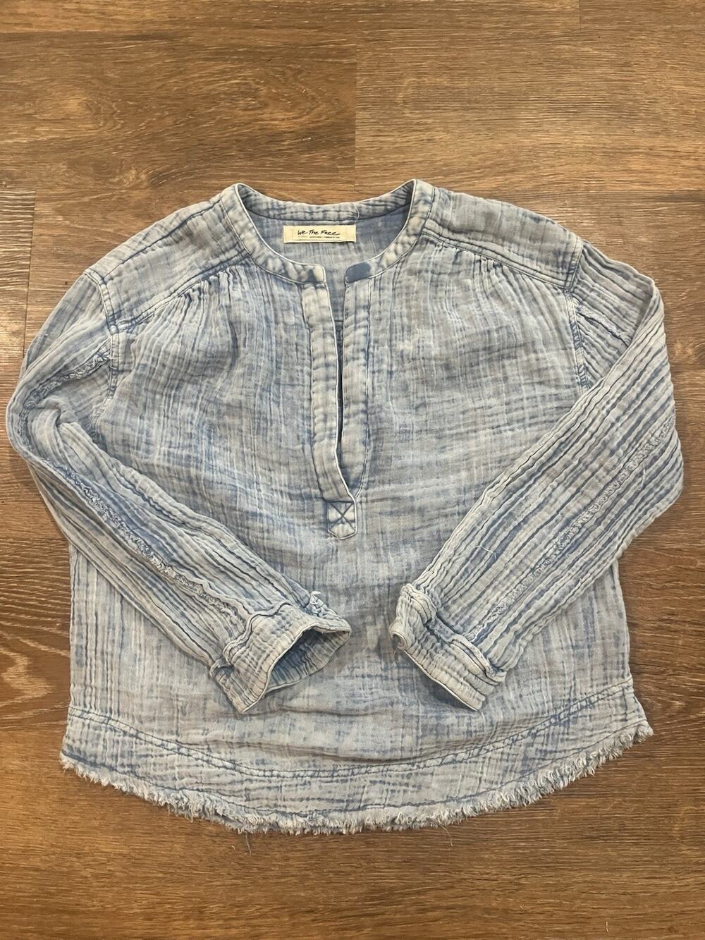 We the Free People Anguilla Washed Top Womens Large Blue Gauzy Boho Relaxed